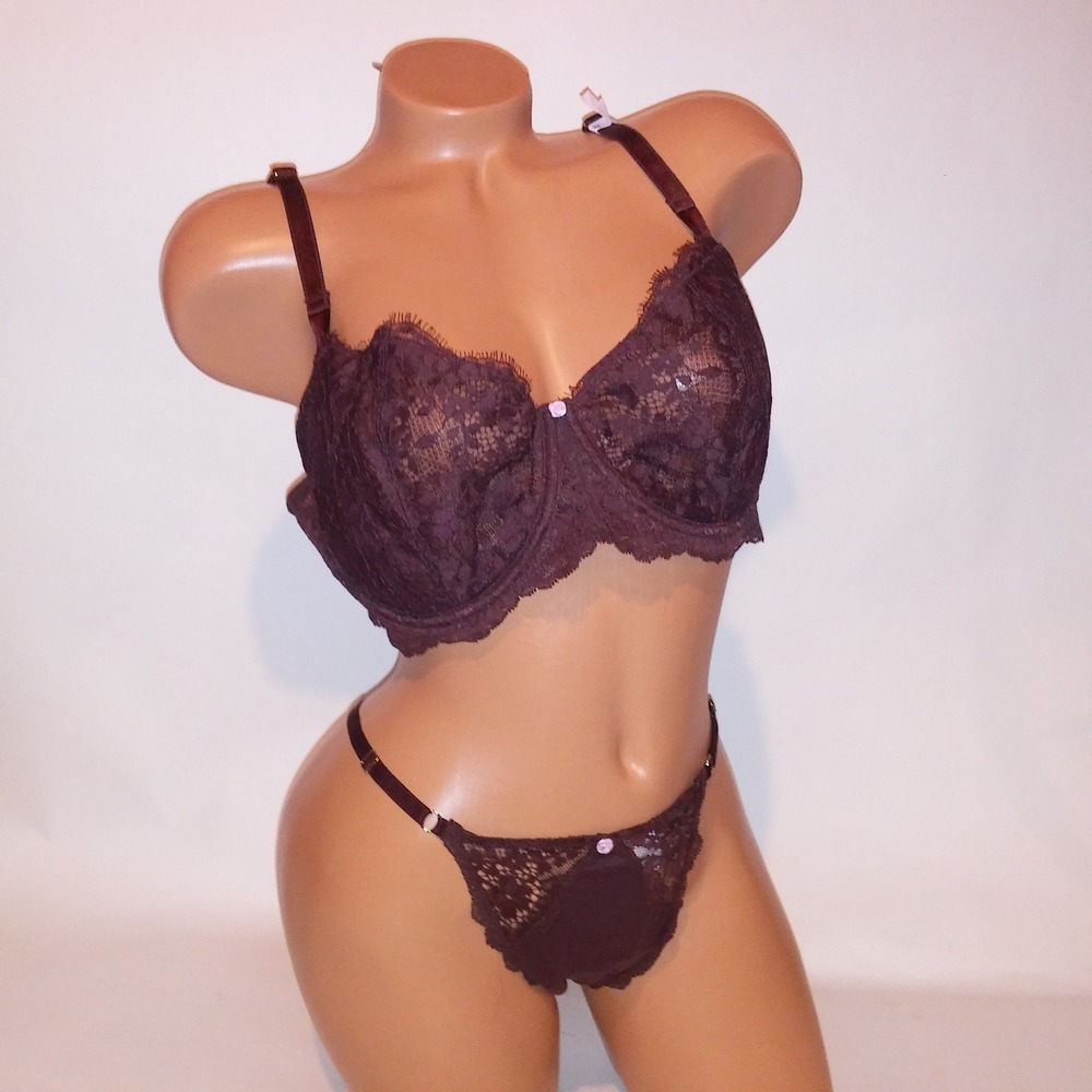 Victoria Secret Bra Set 40D Push Up Without Padding XL Thong Panty Brown Lace